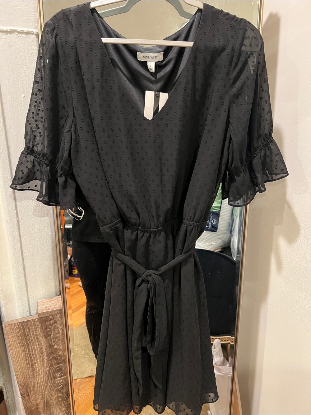 Nine West Black Swiss Dot Tie-Waist Tunic Dress